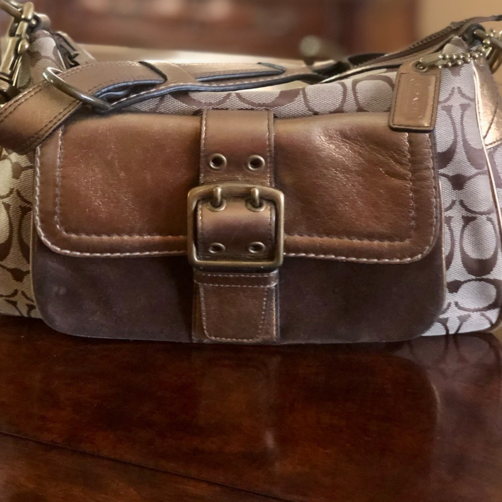 Coach Special Edition Purse Brown Suede Gold Leather Logo - Picture 5 of 6